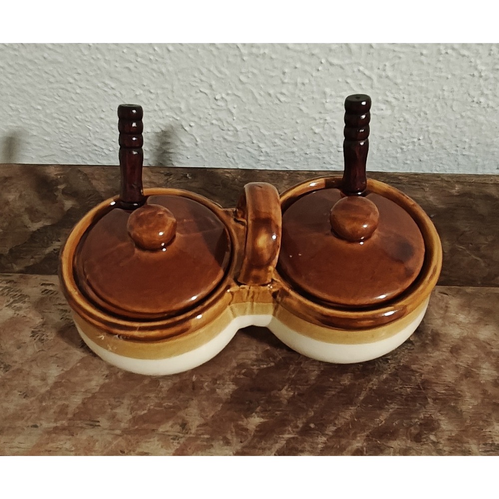 Vintage Pottery Stoneware Crock Relish Condiment Set With Lids & Original Spoons